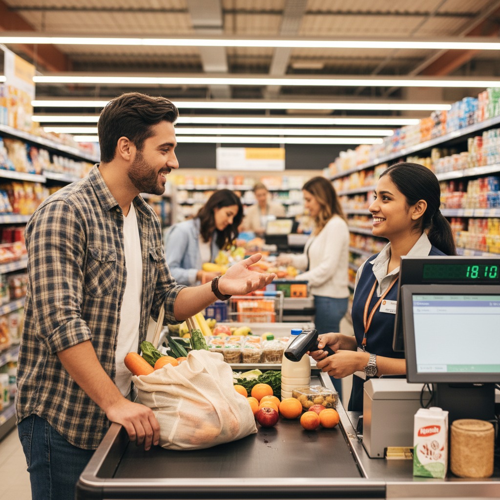 A conversation at the supermarket checkout between a customer and a cashier